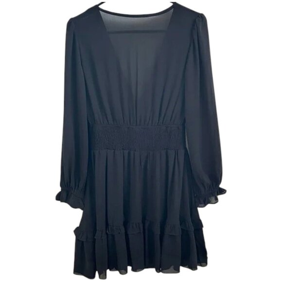 New Elegant Black Tie-Front ruffle Dress w chiffon overlay black size small - Picture 3 of 9